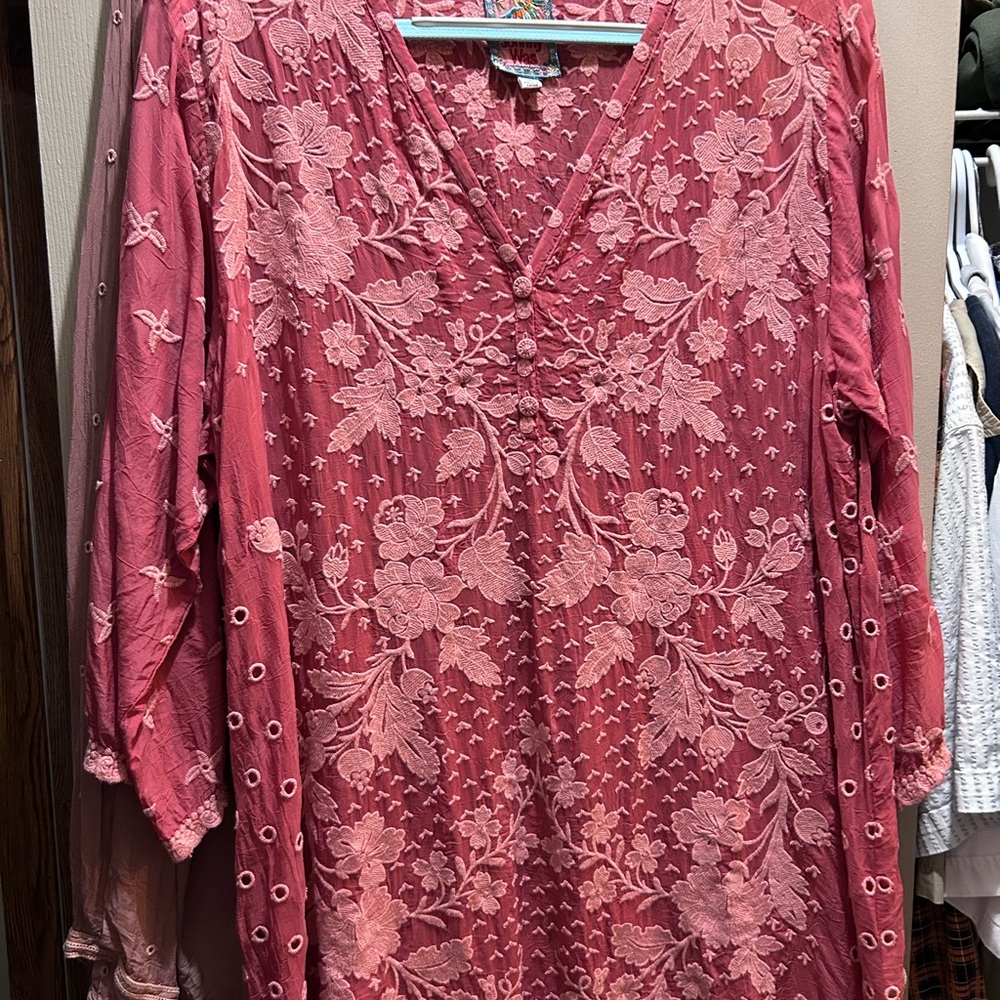 Johnny Was Pink Floral Embroidered Blouse